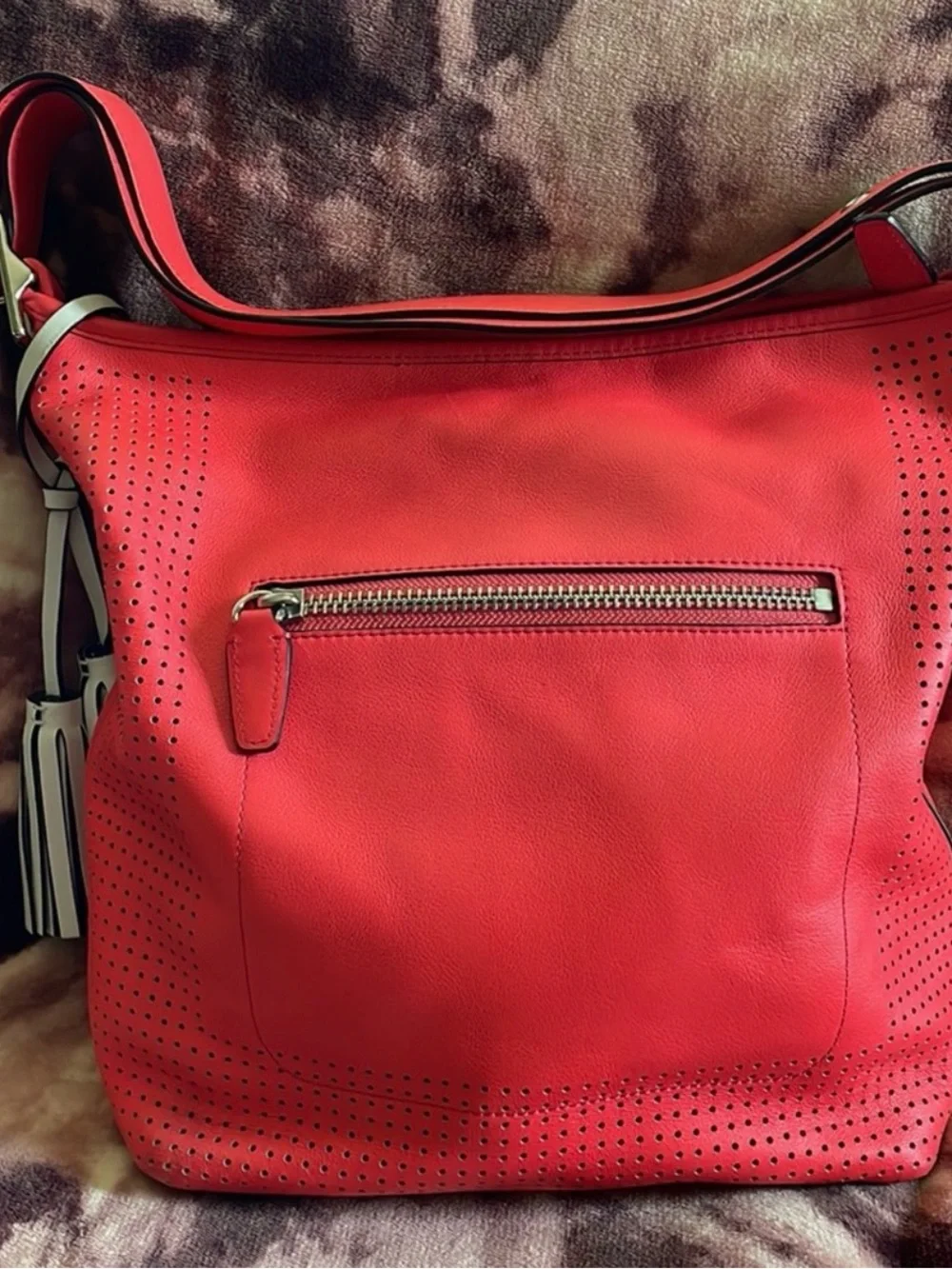 Coach Coral-Red Leather Perforated Shoulder Hobo